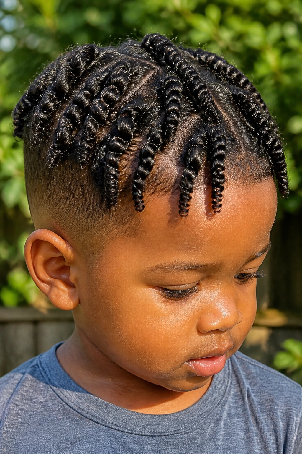 Toddler with twisted top curls on top of a neat short sides hairstyle.