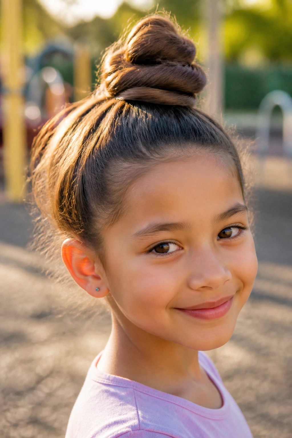 Portrait of a real child with a twisted top knot
