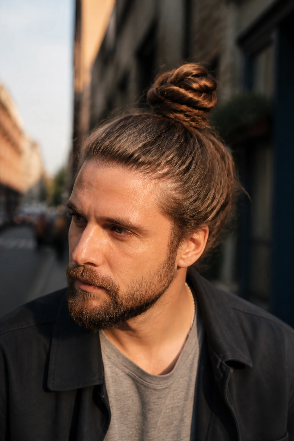 Close-up of a man with a twisted top knot showing rope twist detail