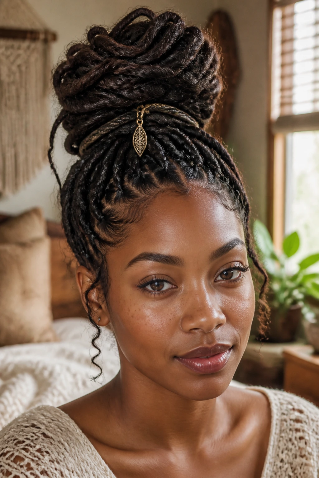 Close-up portrait of a real woman with twisted top knot locs and pendant in warm boho room