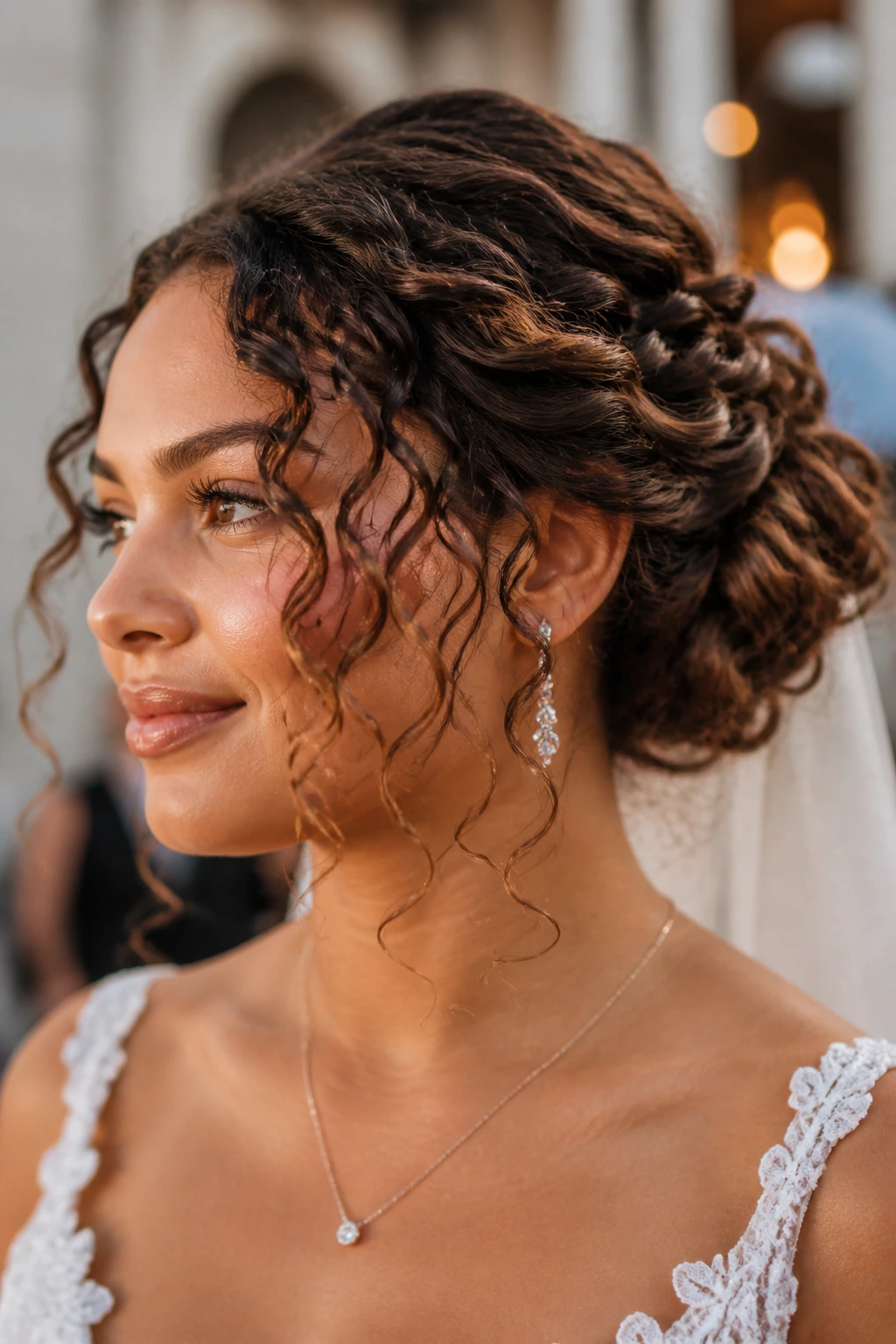 Bride wearing a twisted updo with soft spiral fringes framing the face
