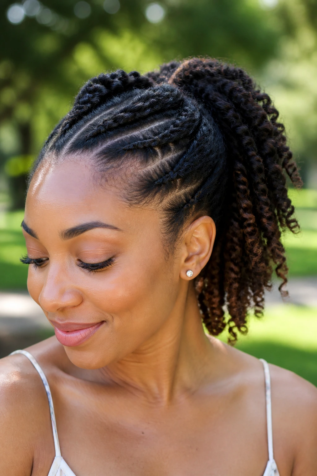 Real woman with two-strand twist-out ponytail in a sunny park