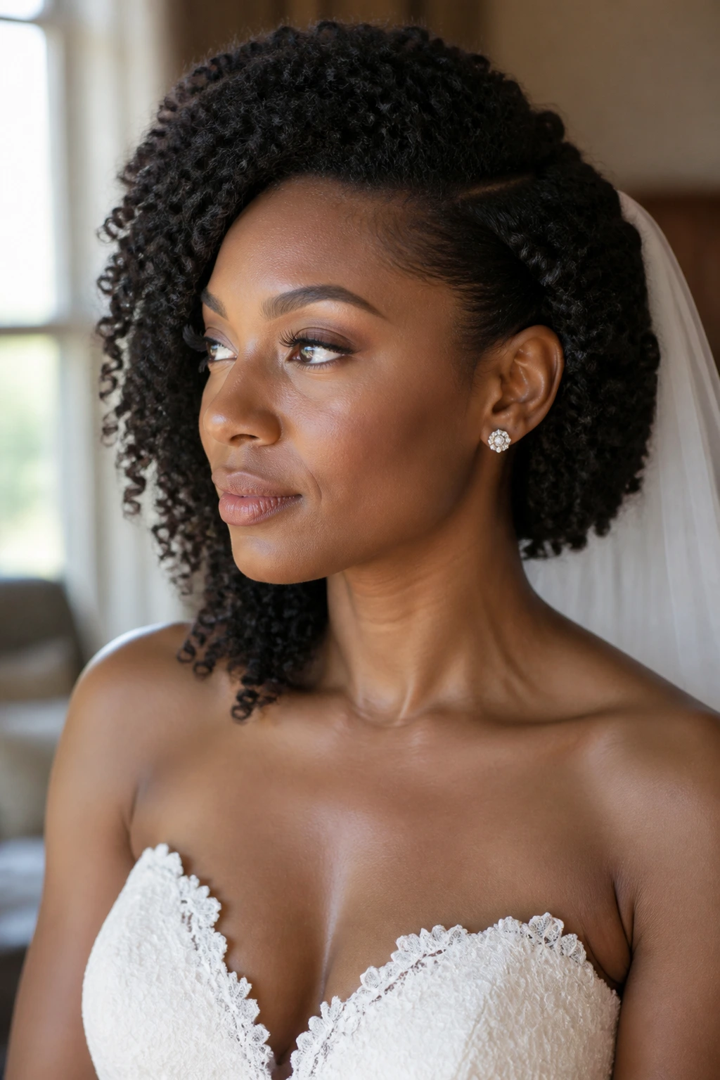 Close-up of real bride with tapered twist-out and side-sweep hairstyle