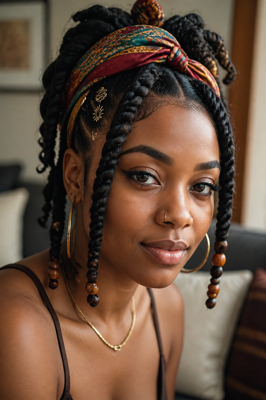 Real person with twists accented by scarf and beads.