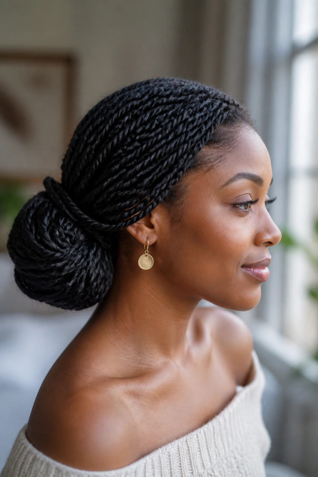 Close-up of twists tucked into a low side bun on a real person