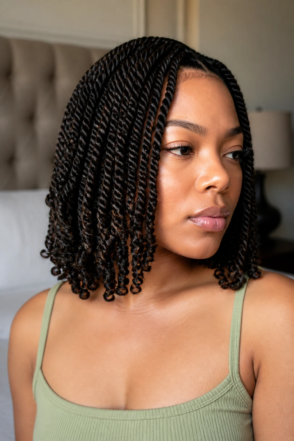 Portrait of a woman with twists featuring curled ends in soft natural light