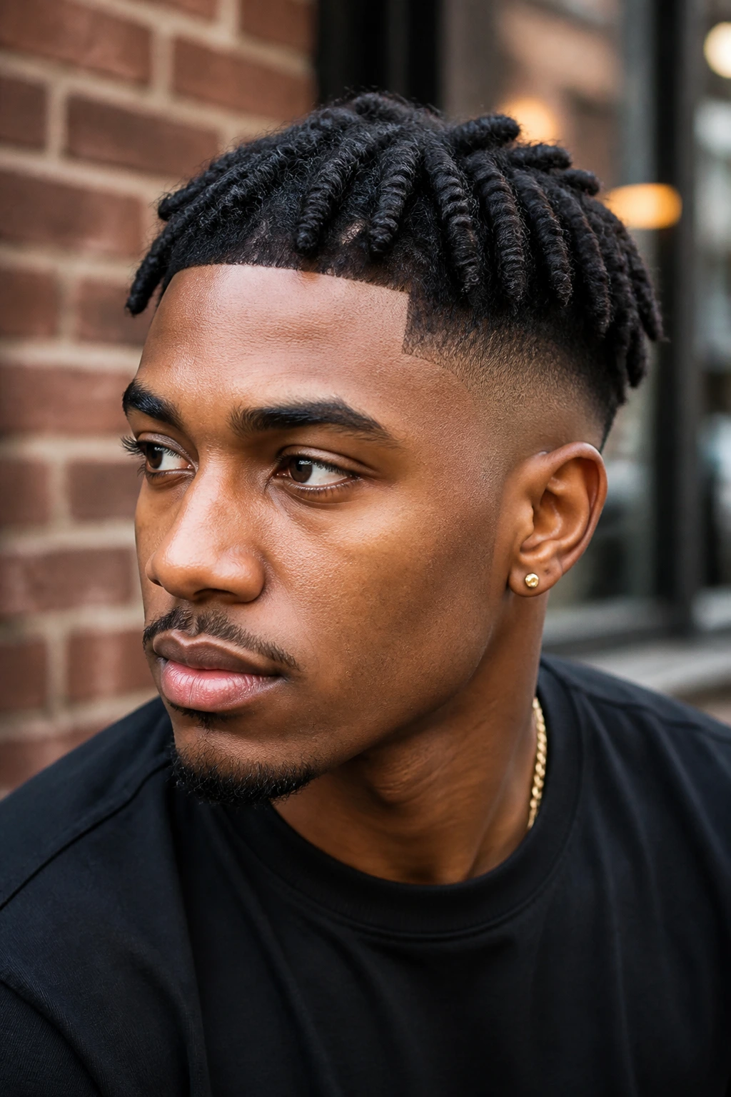 Close-up of a man with twists and a fresh fade