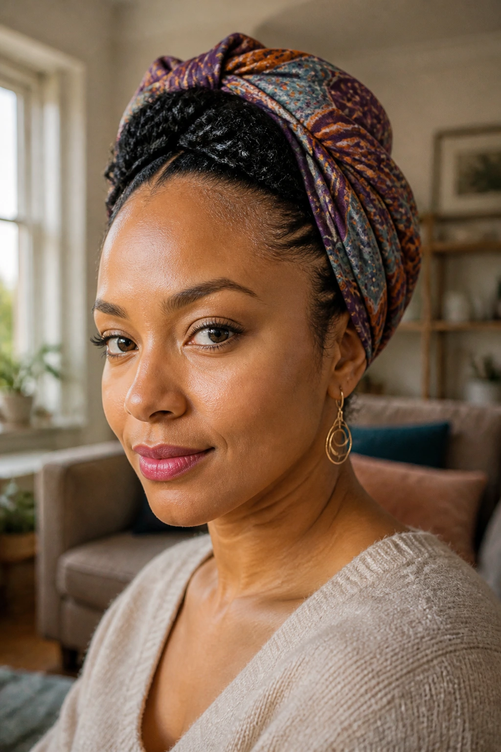 Close-up of a woman with twists at the crown visible beneath a headwrap