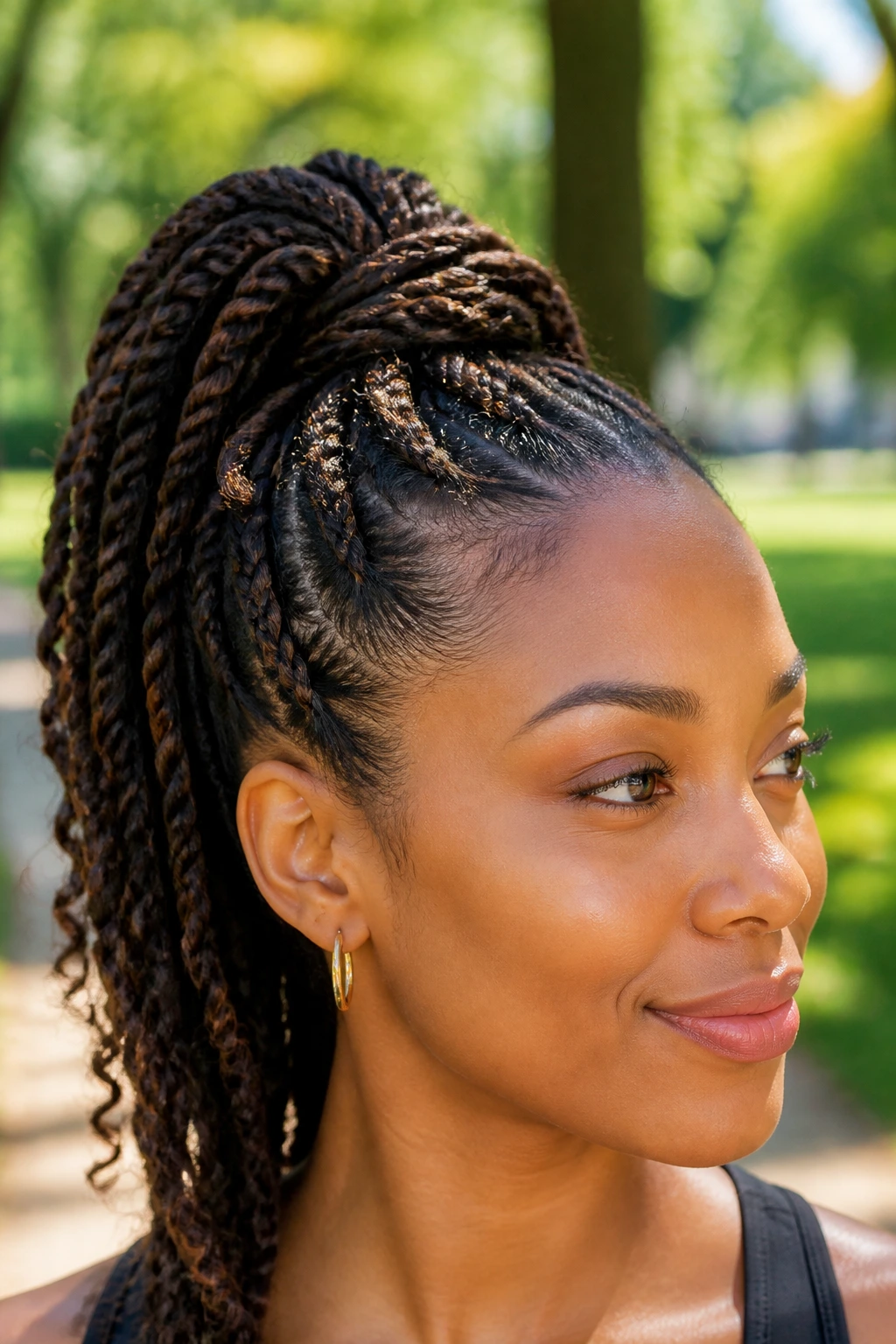 Close-up of real person with twists in a high ponytail base outdoors