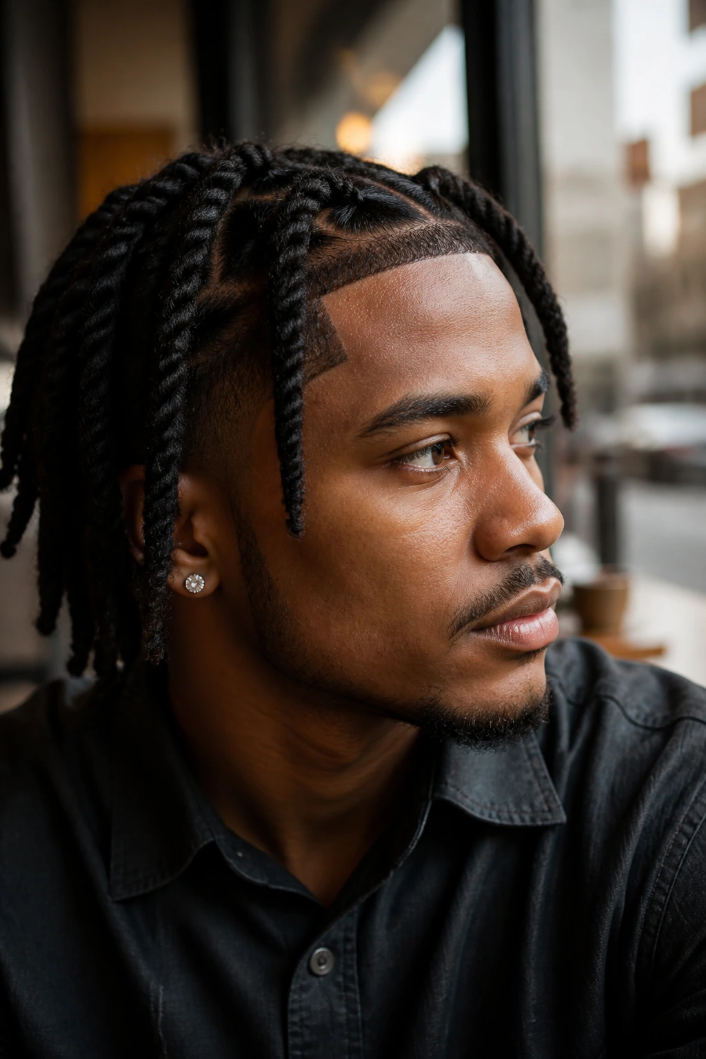 Close-up of twists or locs with a sharp shape-up on a real person