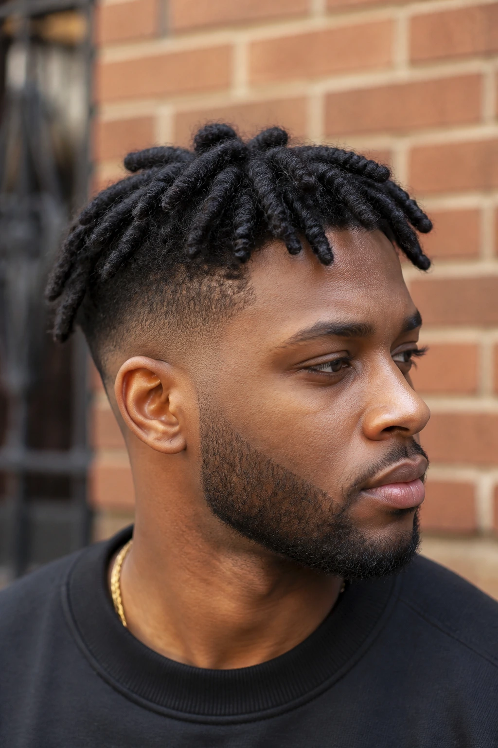 Close-up portrait of a man with twists and a low fade
