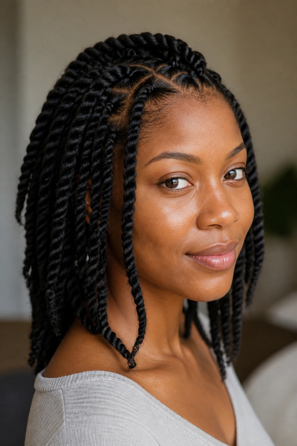 Twists on natural hair shown in a close-up portrait.