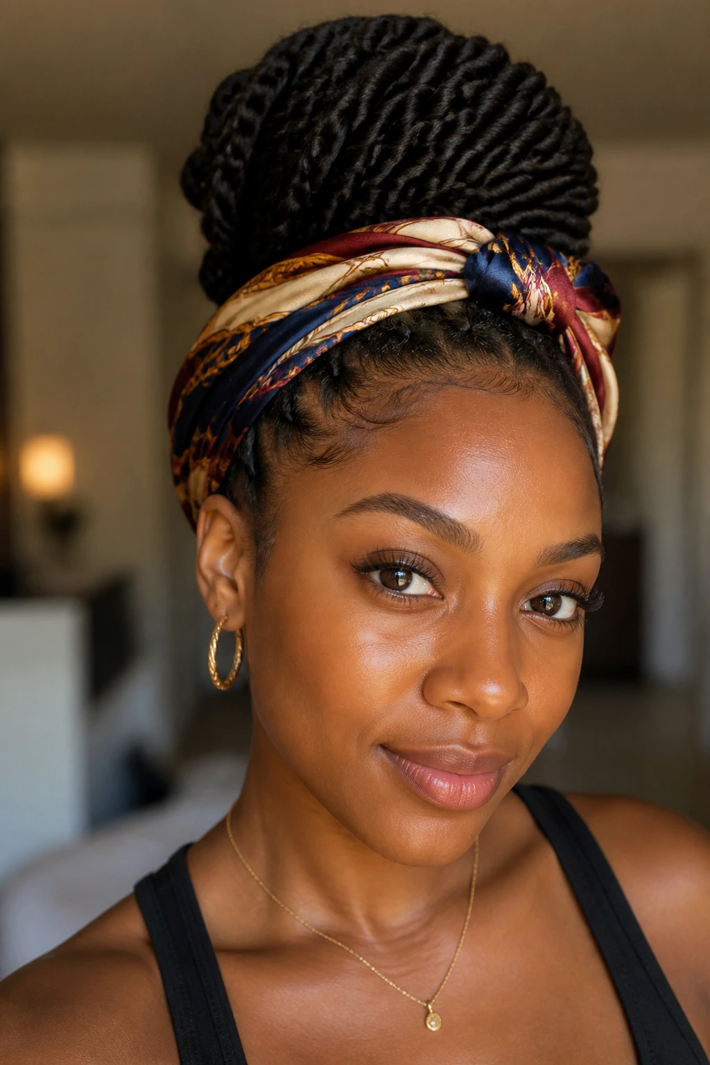 Real woman with twists wrapped by a silk scarf for a chic look