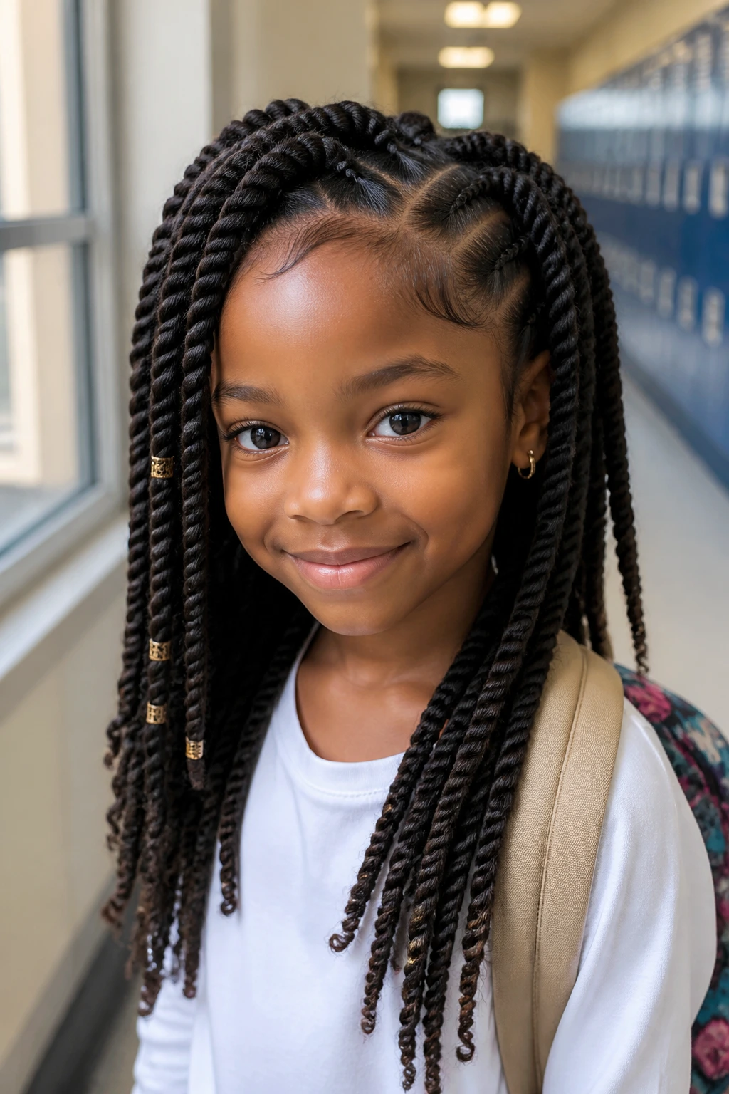 Child with twists hairstyle in school hallway.