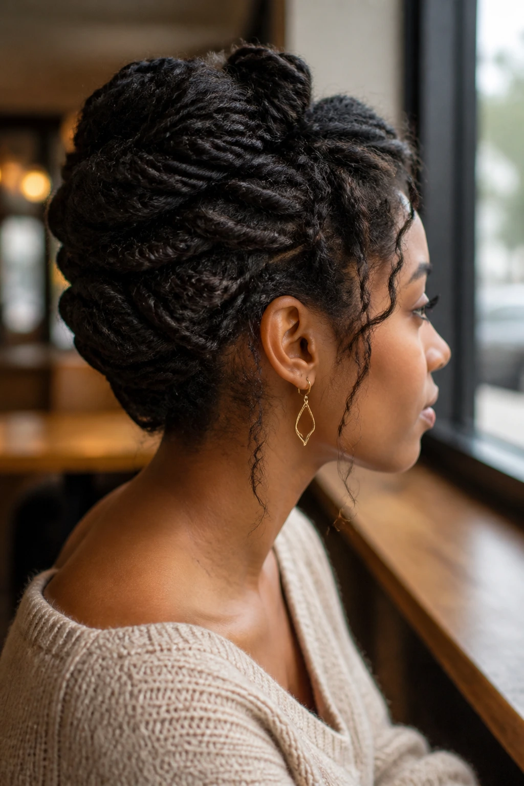 Close-up of a woman with twists pinned into a soft French roll