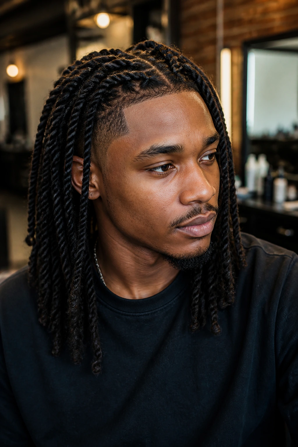 Portrait of a man with long twists and a clean temple taper