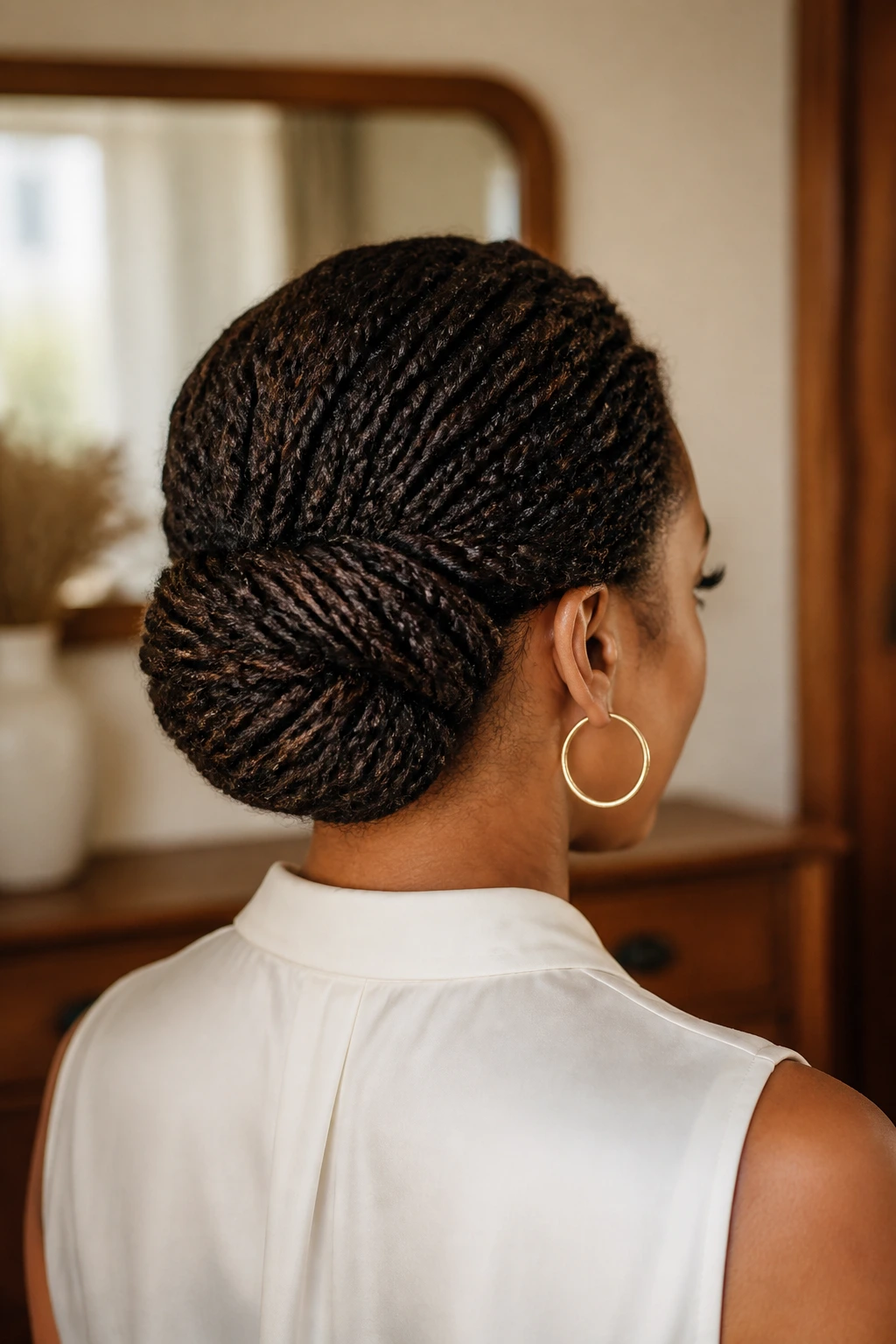 3/4 profile of a woman with a low chignon made from twists