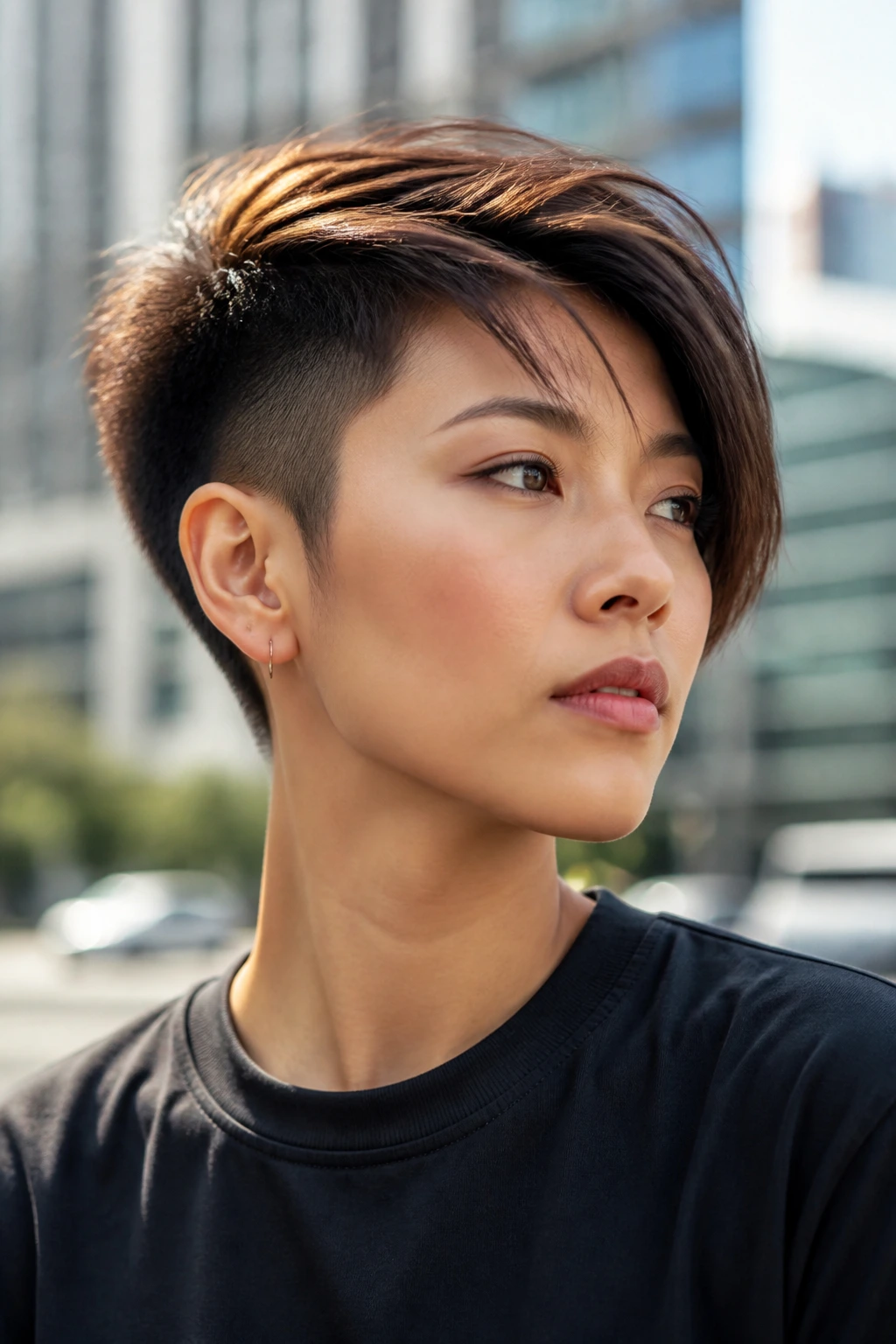 Portrait of an Asian woman with a two-block crop haircut