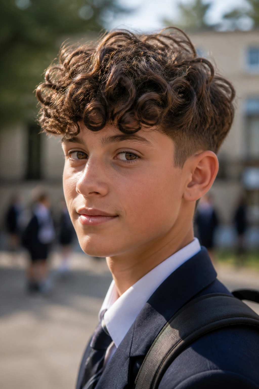Close-up of a real schoolboy with a two-block curly cut in a school courtyard.