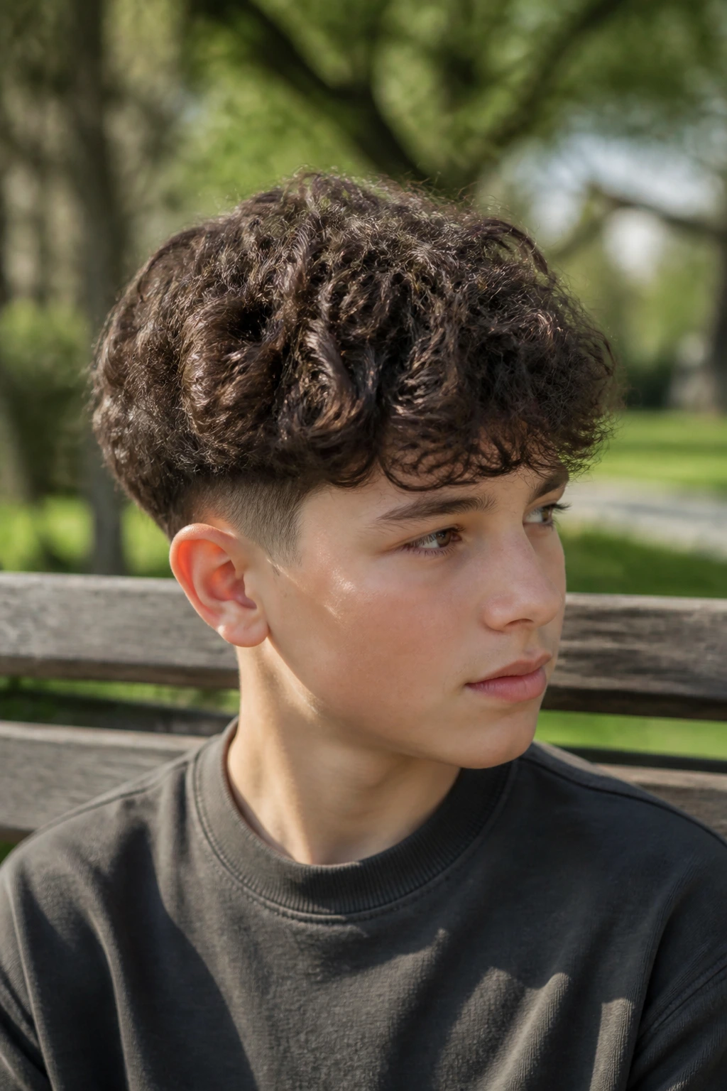 Close-up of a real boy with two-block curly cut