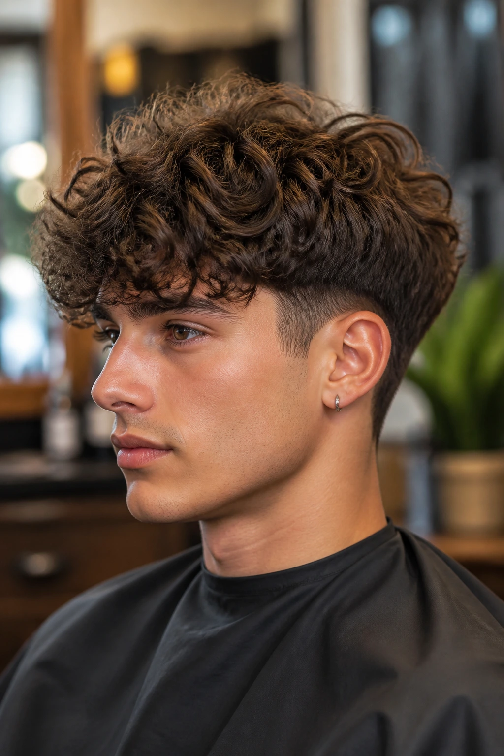 Close-up of a real man showing the two-block curly cut with short sides and curly top.