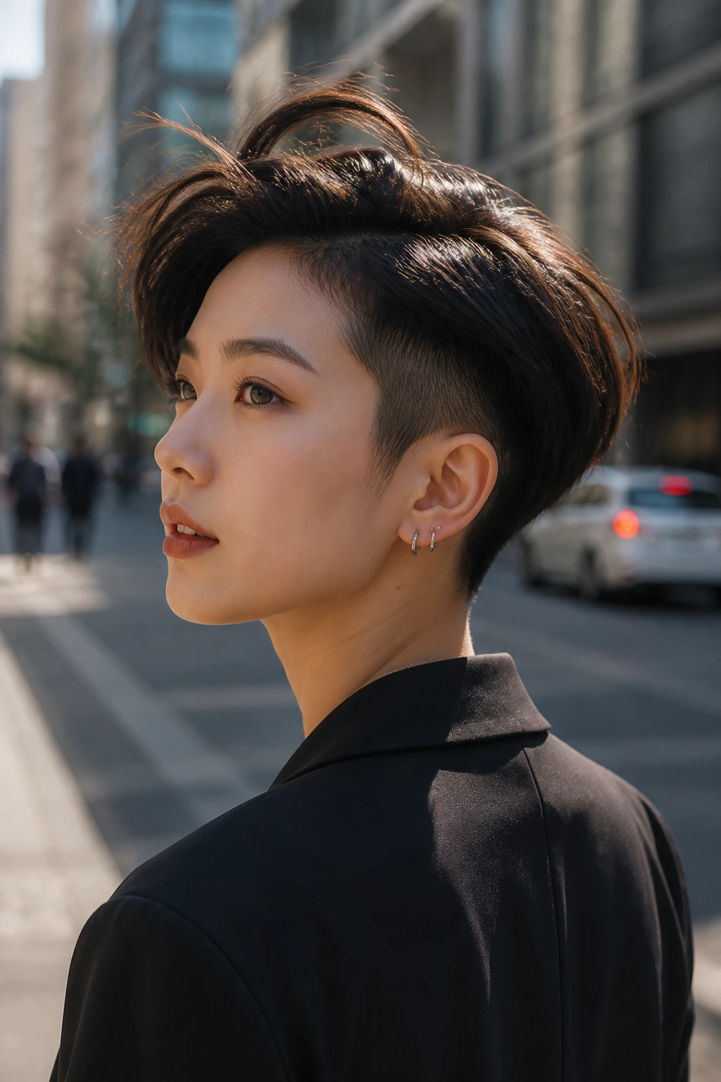 Asian woman portrait displaying two-block cut with long top and short sides
