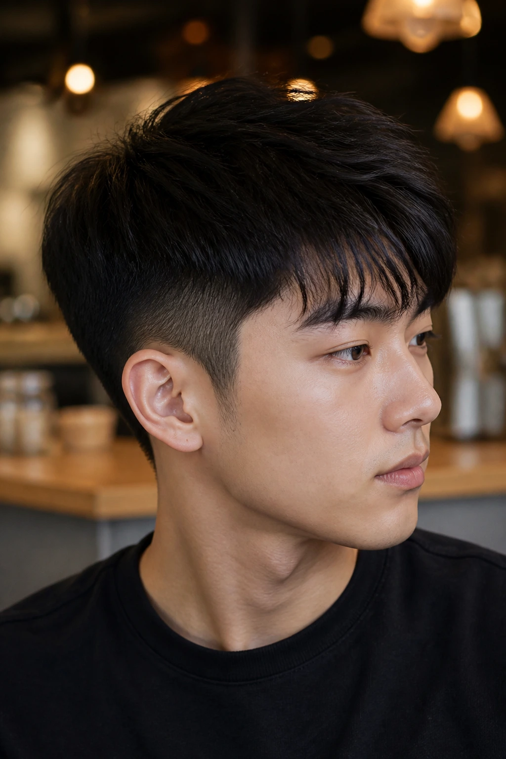 Close-up portrait of a man with a two-block haircut, longer top and shorter sides, in a cafe setting