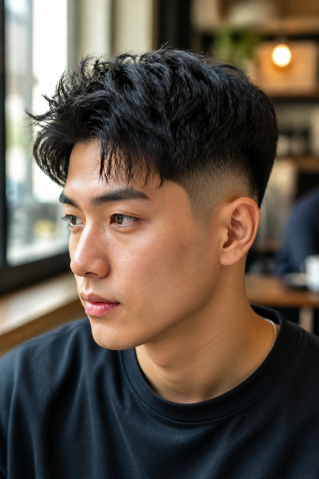 Close-up portrait of a man with a two-block cut and textured top.