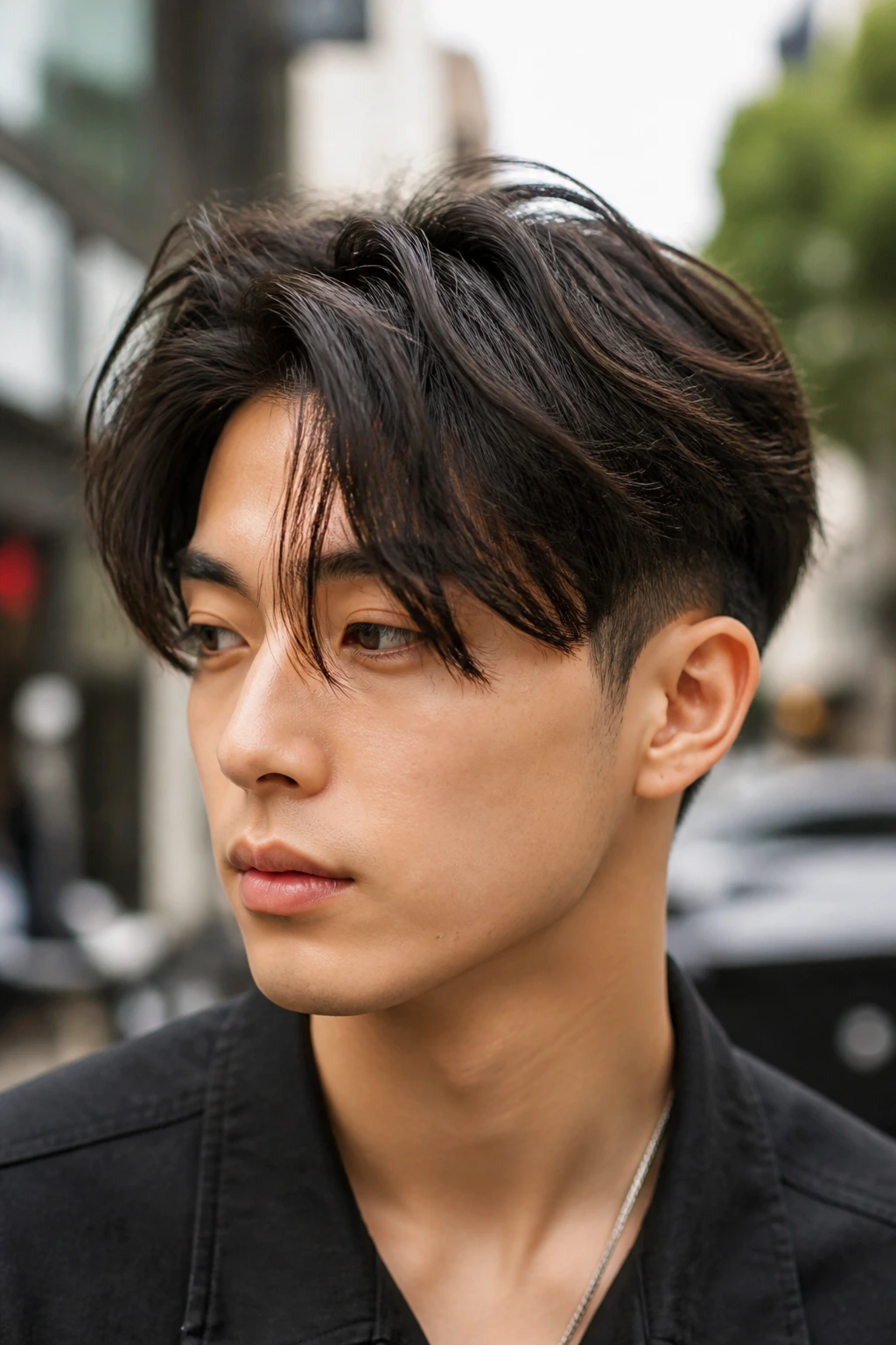 Close-up portrait of a person with two-block fade and airy curtain bangs outdoors