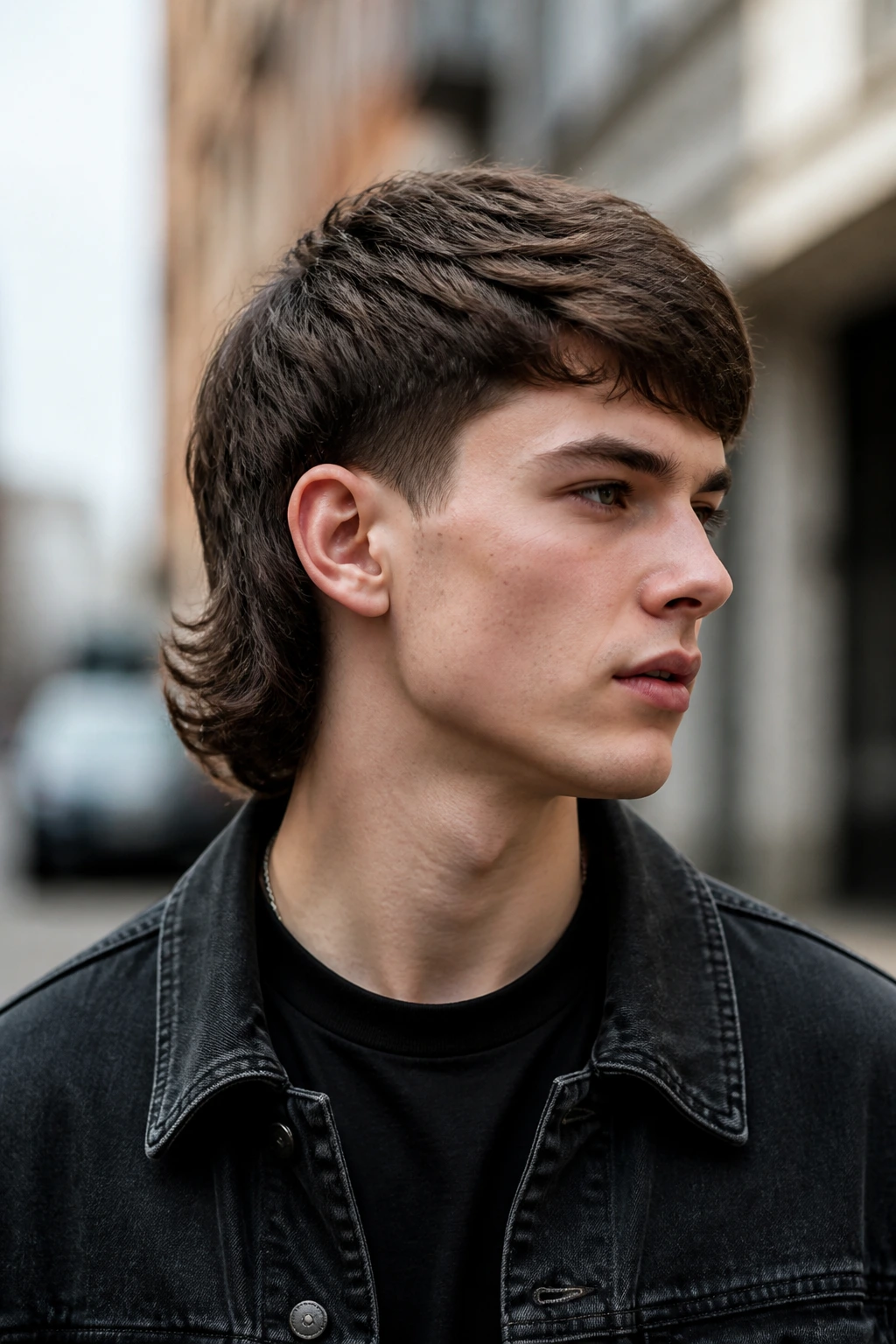Close-up of a real person with a rounded-top two-block mullet on an outdoor urban street.