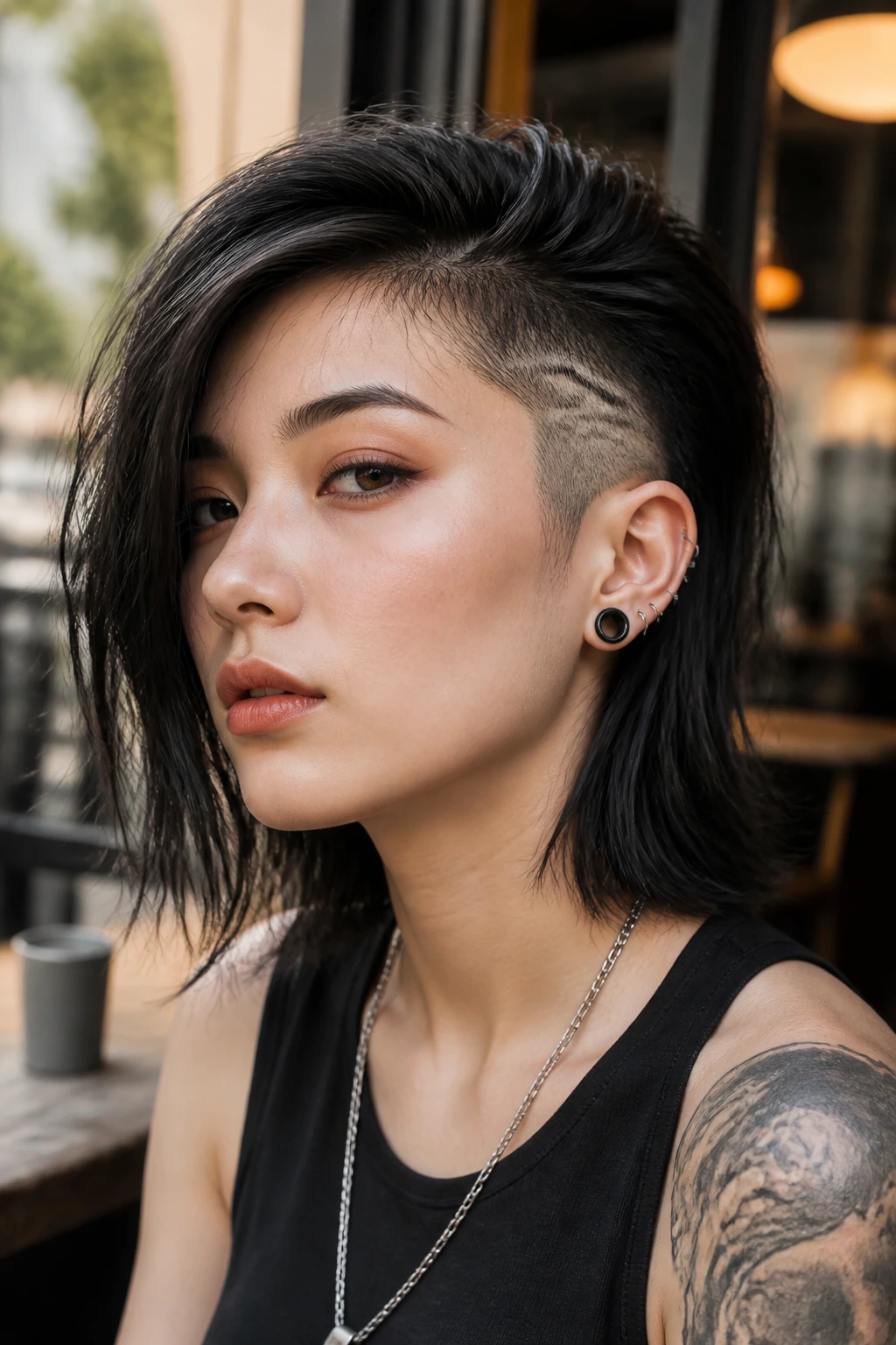 Medium close-up of a real person with two-block punk lob, long top and short sides
