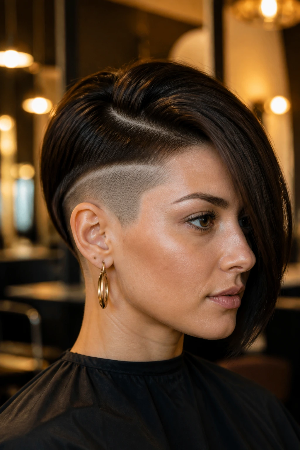 Portrait of woman with a strong two-block undercut and disconnect