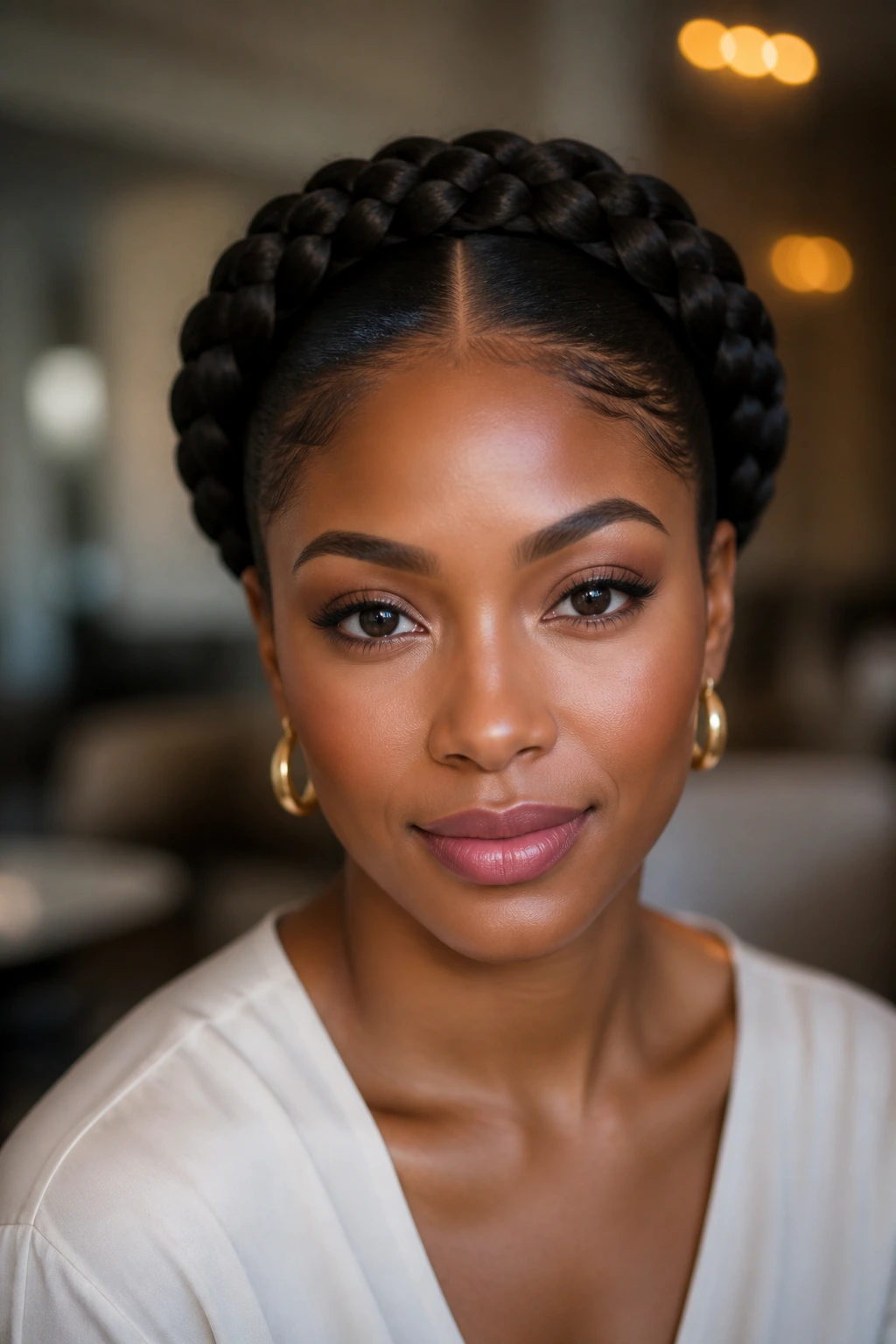 Close-up of a real woman wearing two-braid goddess halo hairstyle