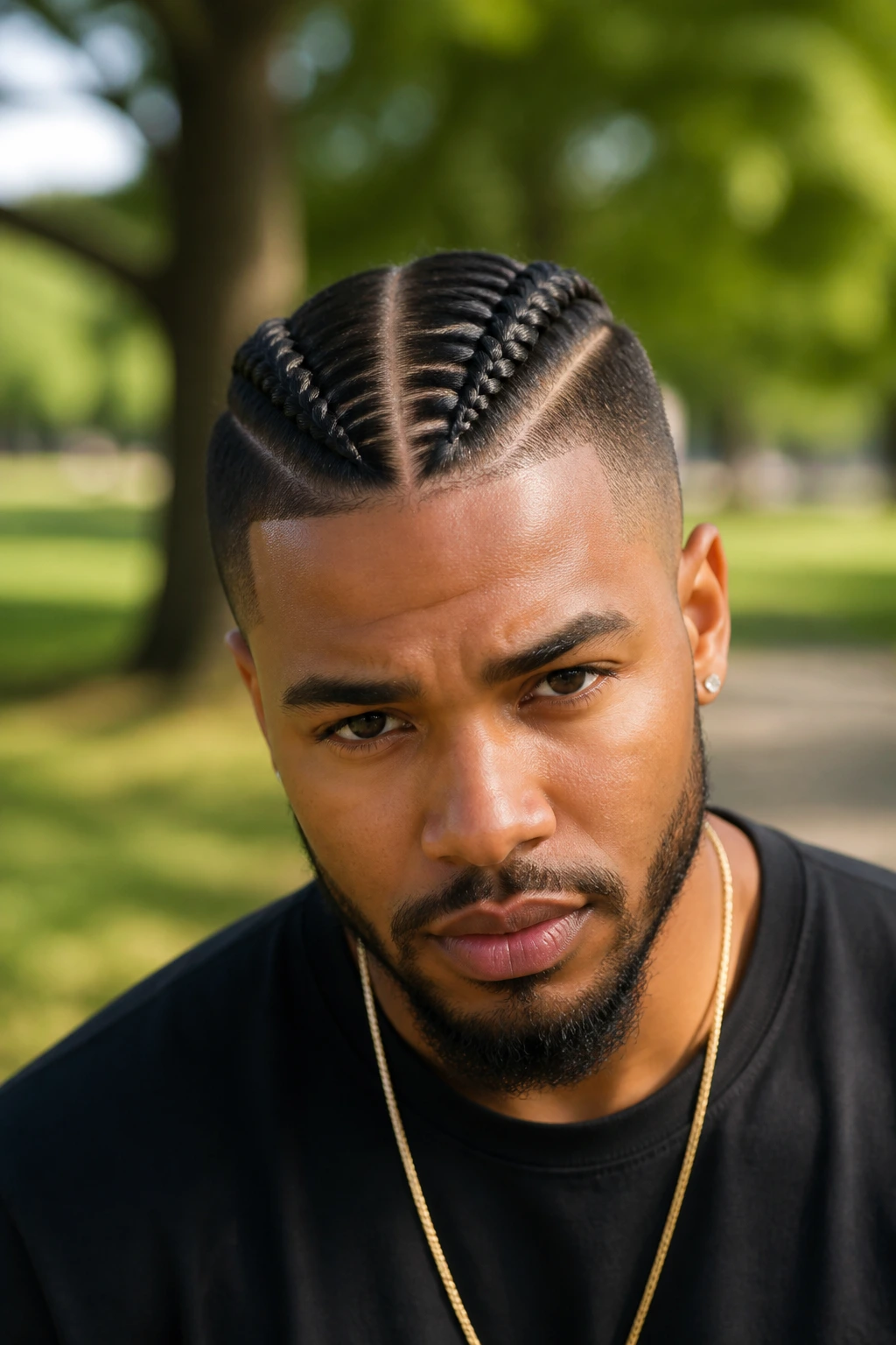 Man with two braids down the center.