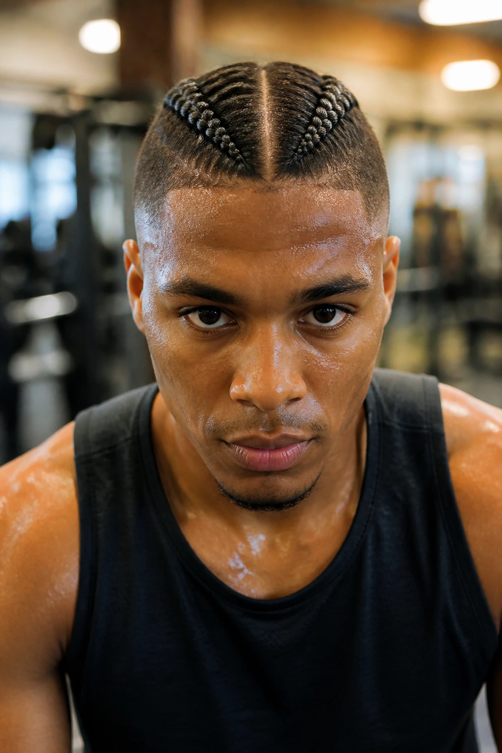 Man with two center braids athletic portrait