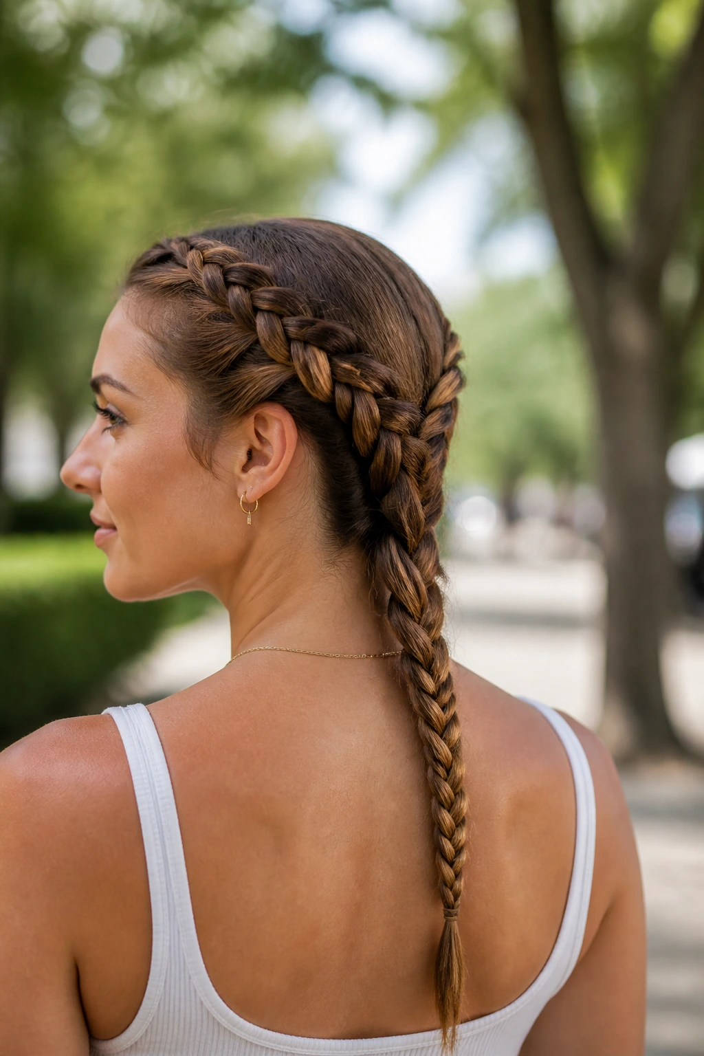 Head-and-shoulders portrait of a real woman with two front braids merging into a single long plait outdoors