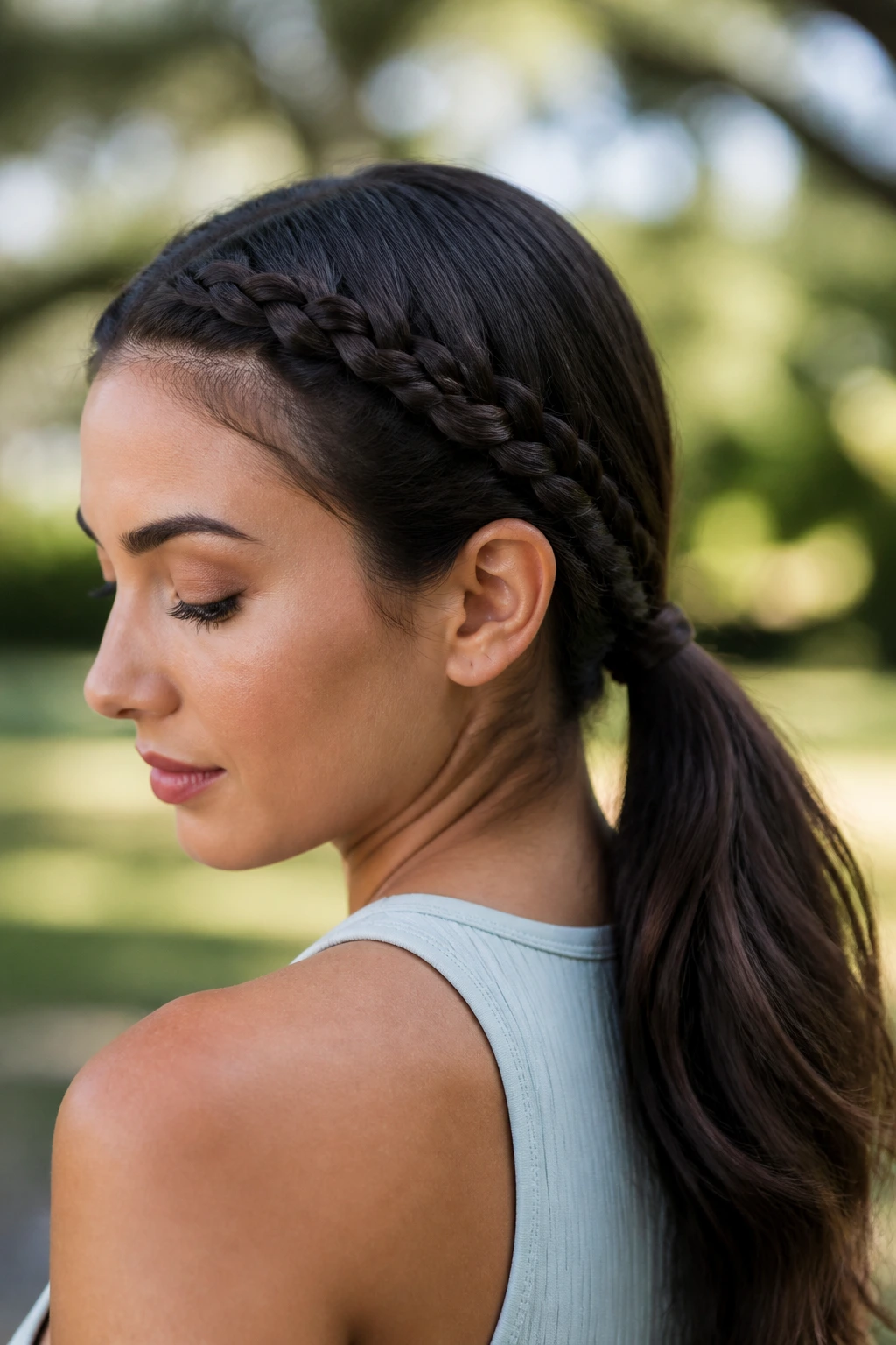 Portrait of a real woman with two braids forming a low ponytail in natural light