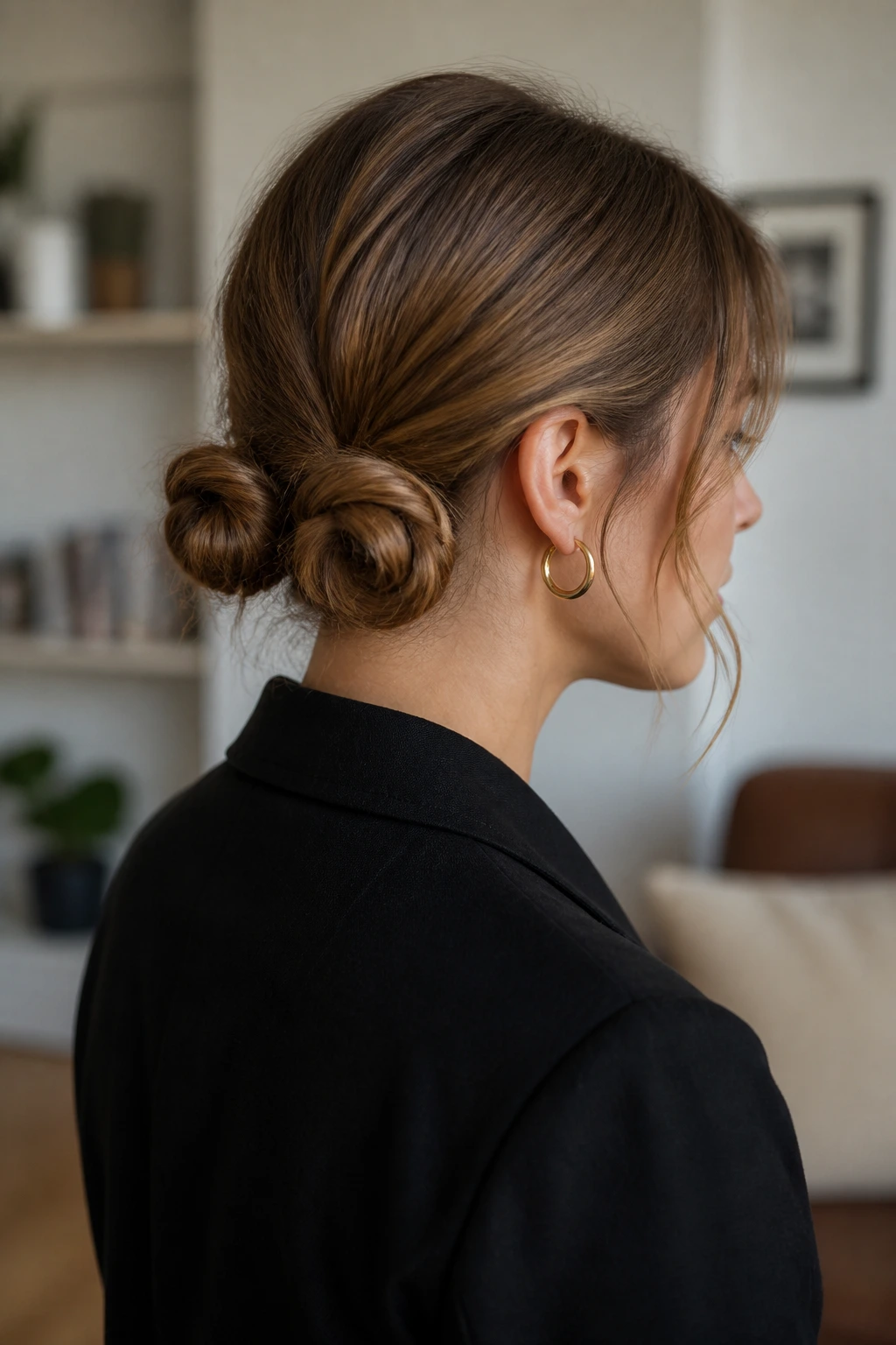 Portrait of a real person with two low bun knots at the nape