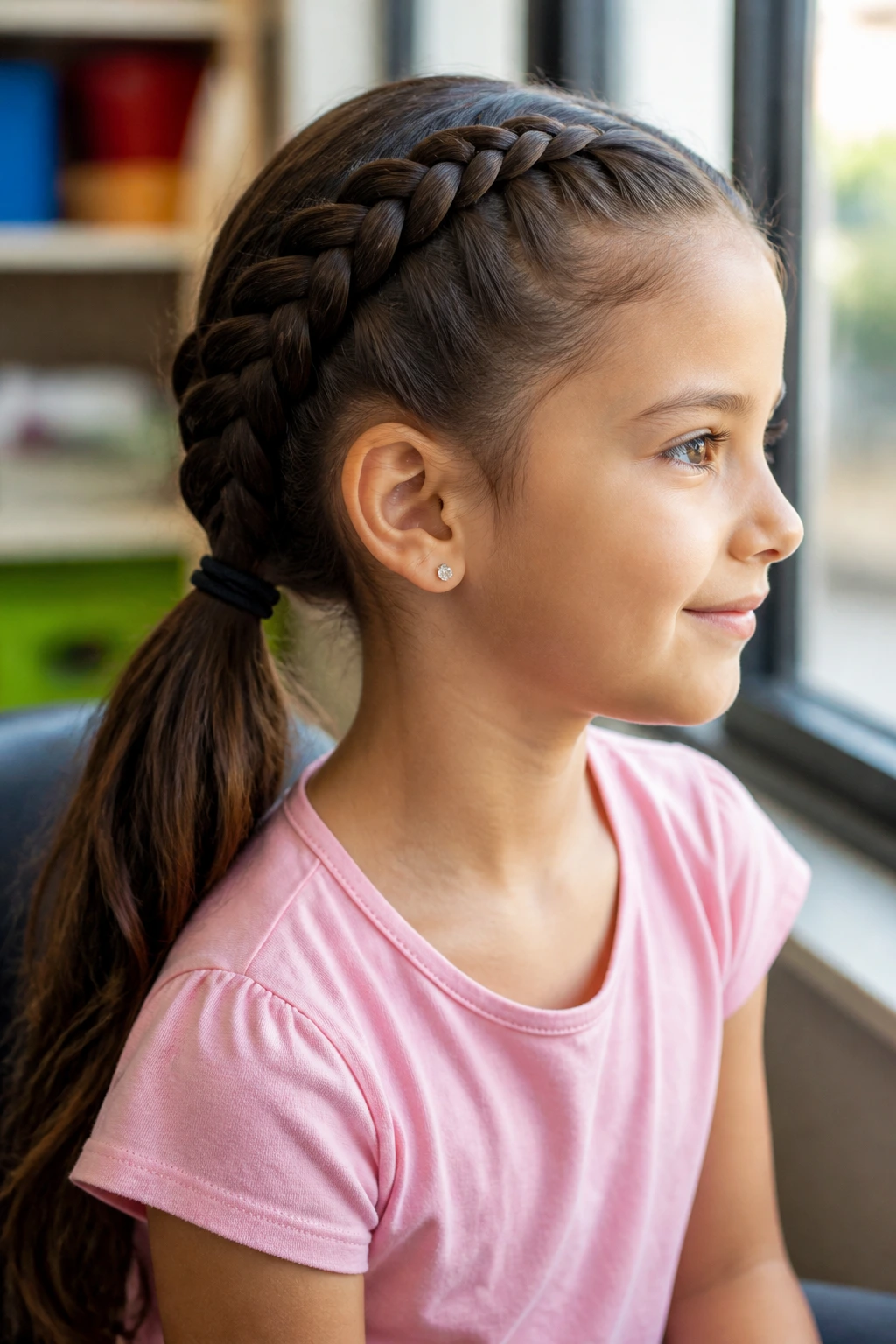 Child with two-layer braid ponytail