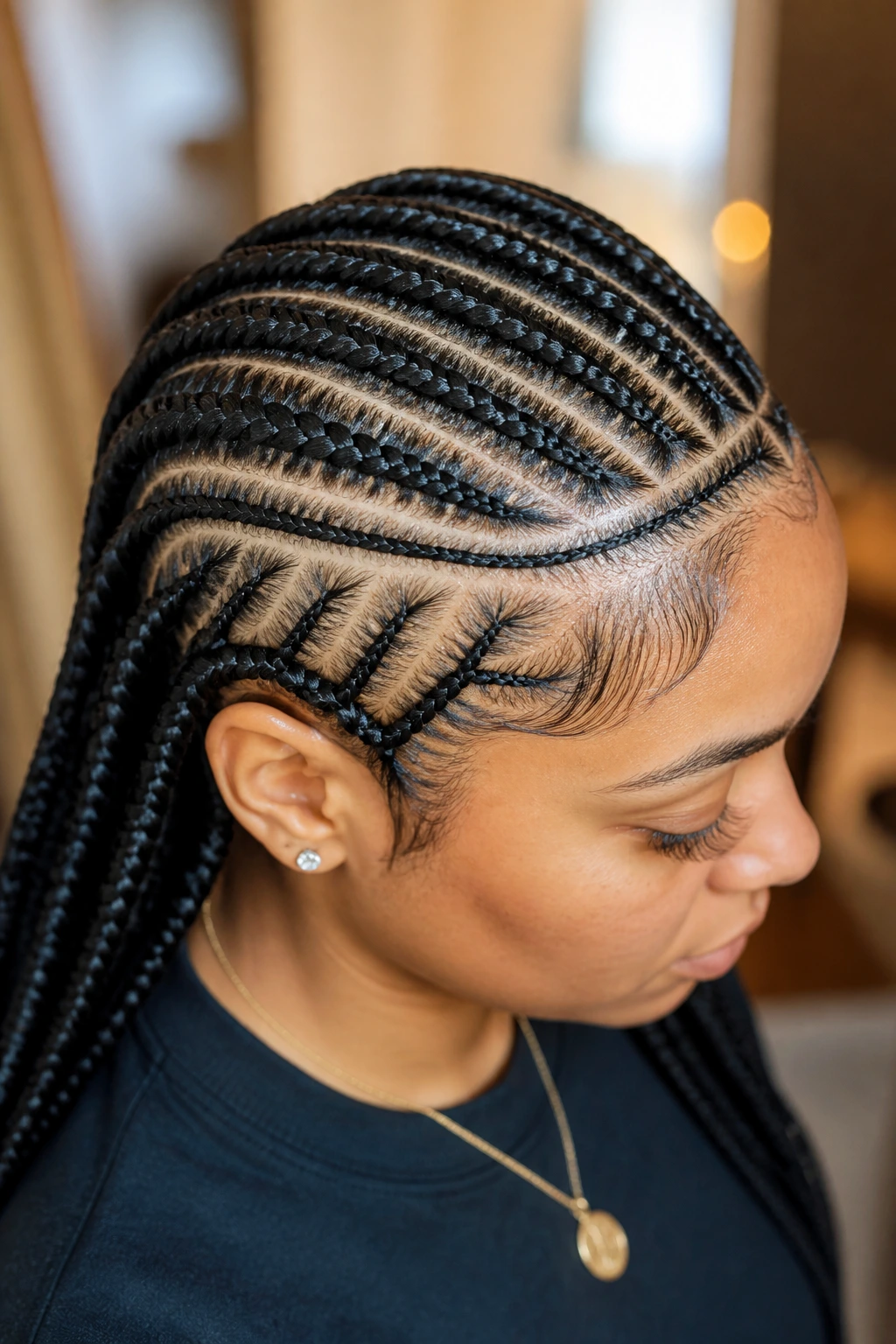 Real person with two-layer cornrows design featuring visible layered pattern