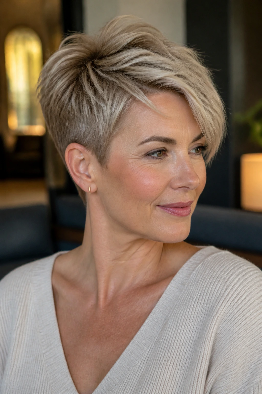 Portrait of a real woman with two-length pixie haircut in a chic interior