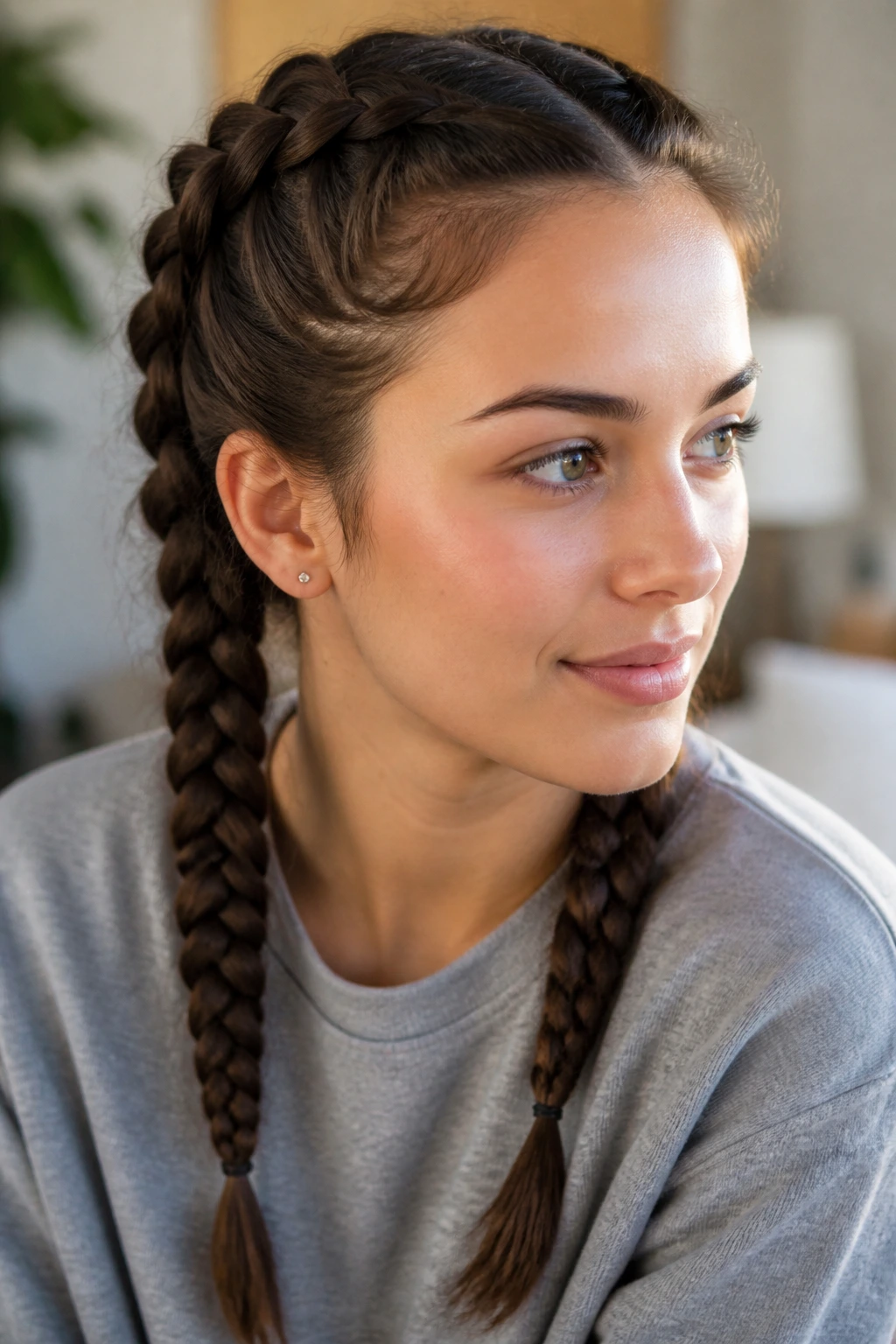 Portrait of a woman with two loose Dutch braids