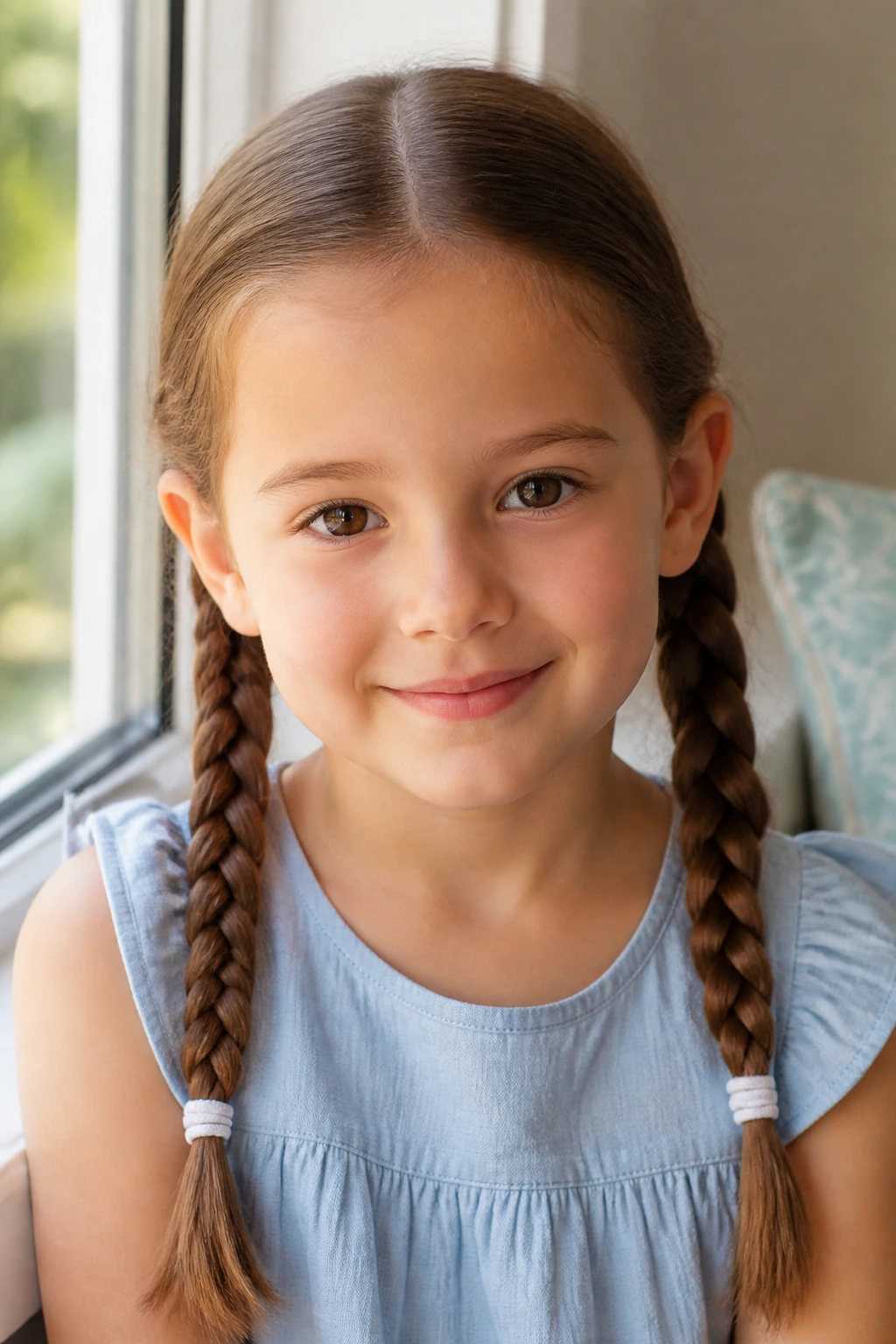 Close-up of a girl with two neat low braids in a sunny room