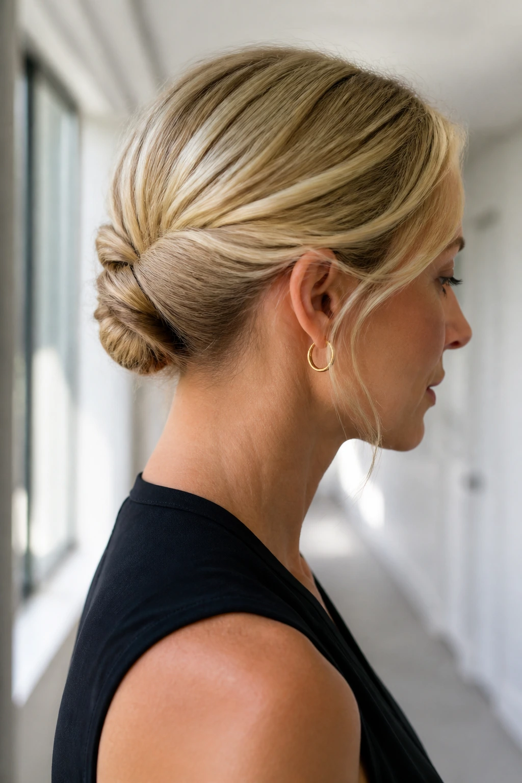 Side profile of a real woman with a two-minute pin-up twist pinned at the nape in bright natural light.
