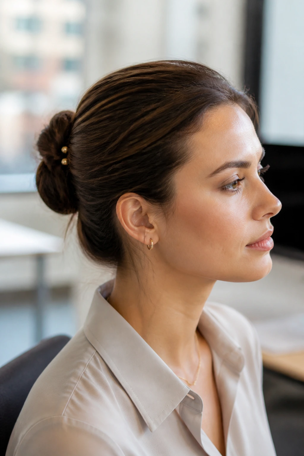 Close-up of a woman with a simple two-pin bun
