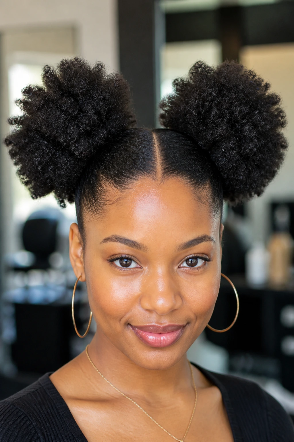 Close-up of a real woman with two puffs and clean parts on 4c hair in bright light