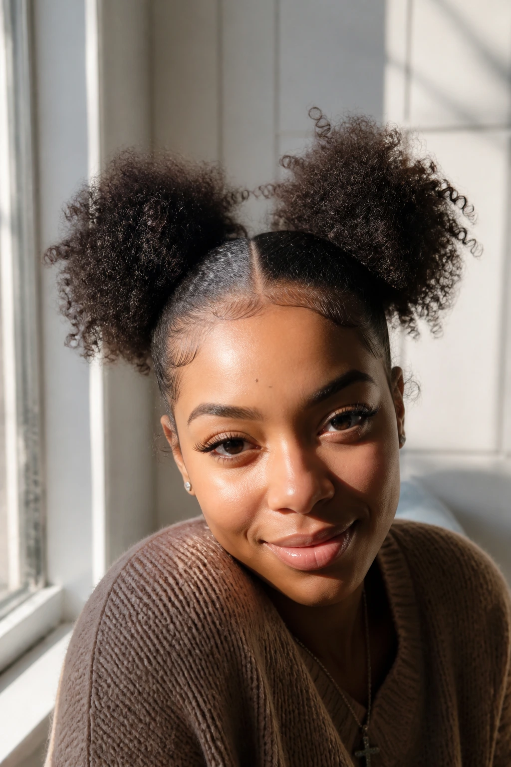 Close-up of a real woman with two puffs hairstyle on crown