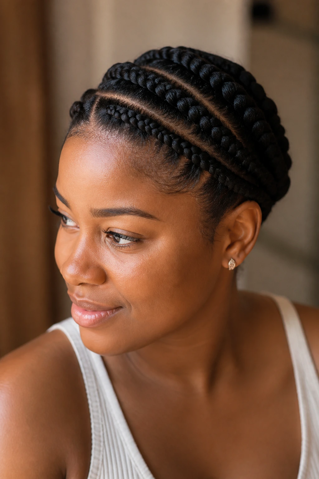 Real woman with two-row crown braids around her head in warm light.