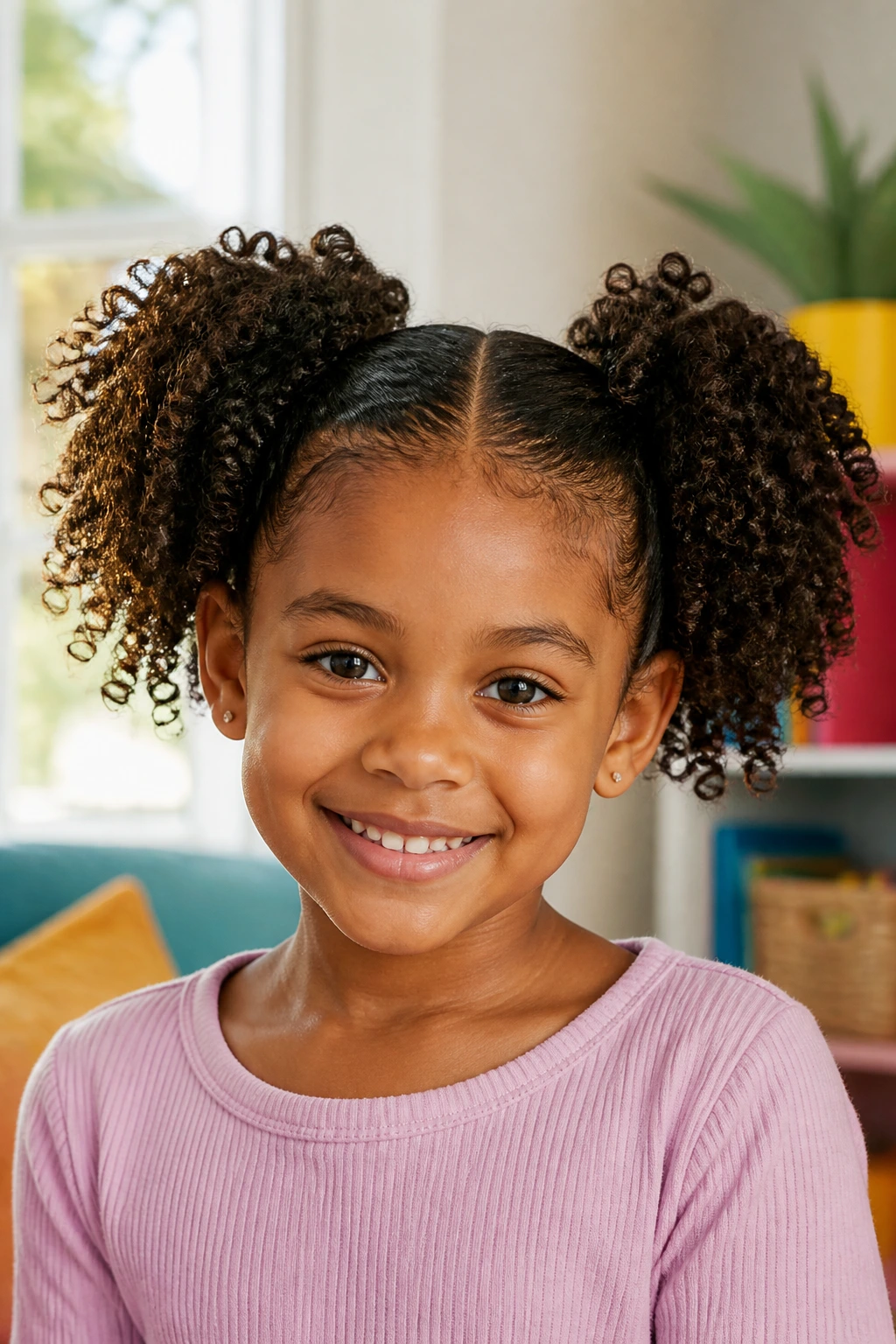 Child with two side puffs and a soft center part in a sunny room.