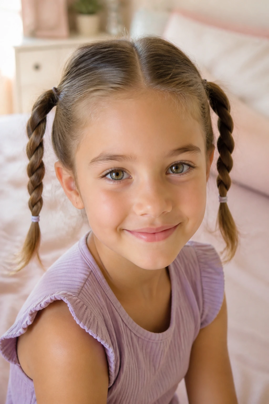 Close-up of a child with two-strand pigtails hairstyle